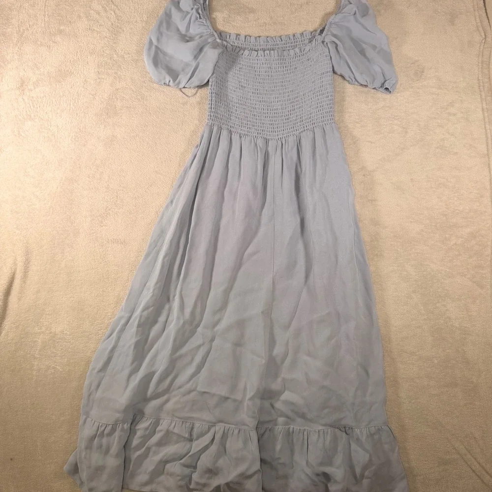 Reformation Light Blue Smocked Puff Sleeve Midi Dress Ruffle Hem Slit Small - Picture 3 of 8